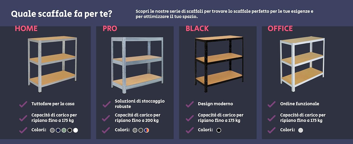 shelfplaza ha le serie HOME, OFFICE, BLACK e PRO con colori o capacità di carico differenti.