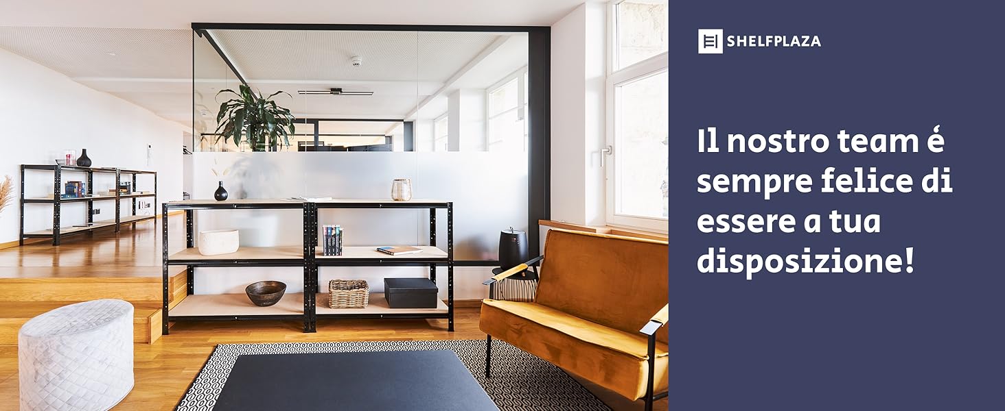 Ufficio moderno con scaffali neri shelfplaza; Il team di shelfplaza è sempre a tua disposizione!