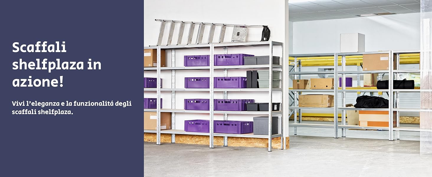 Scaffali shelfplaza in azione in un magazzino ordinato con scatole di stoccaggio viola e grigie.