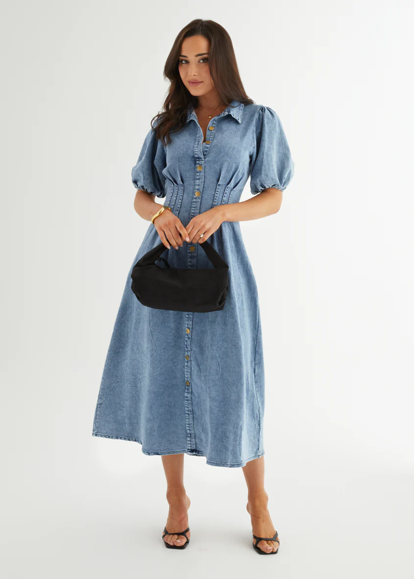 Yves Stretch Denim Midi Dress - Washed Blue - Honorern