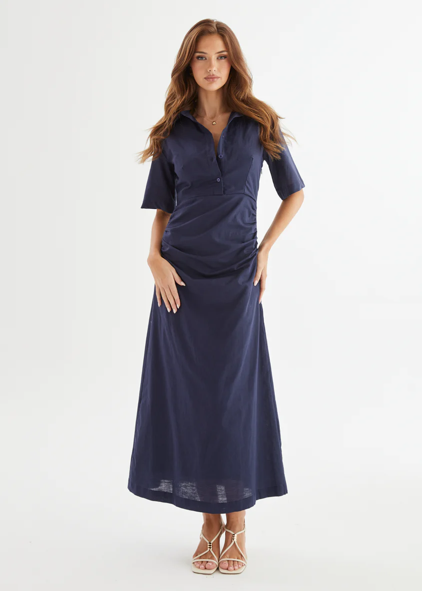 Stellar Linen Midi Dress - Navy - Honorern