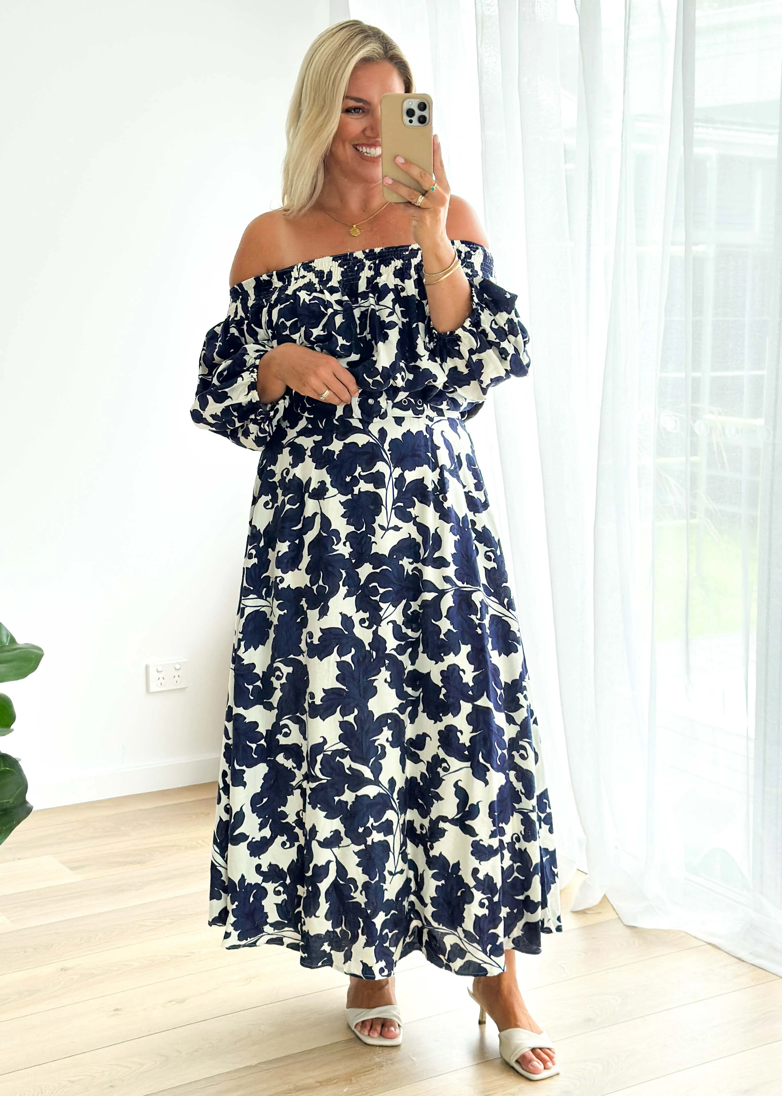 Talu Off Shoulder Midi Dress - Navy Paisley - Honorern