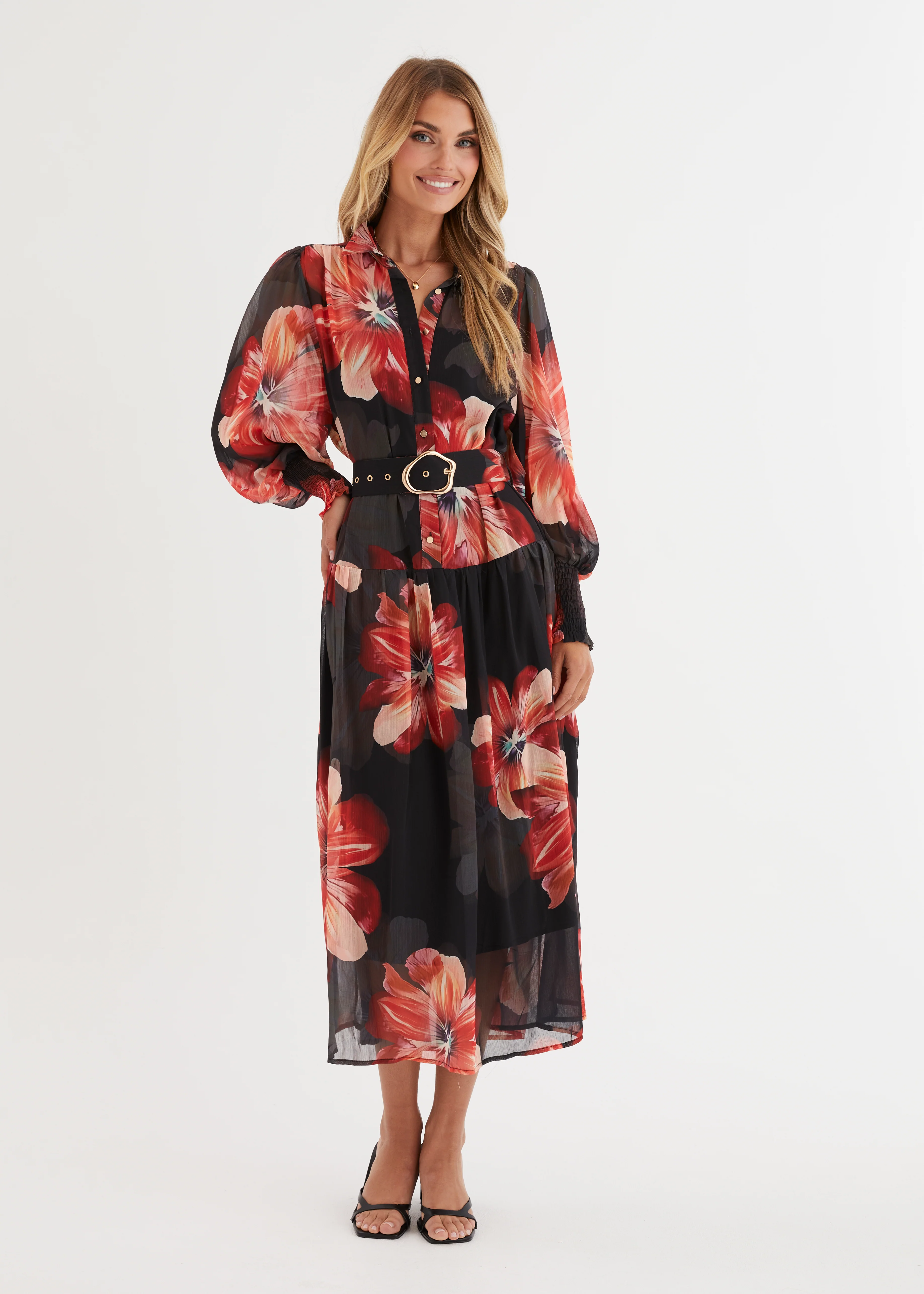 Aleera Midi Dress - Black Floral - Honorern