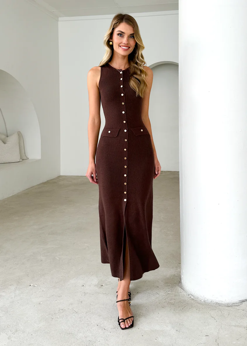 Tully Knit Midi Dress - Chocolate - Honorern