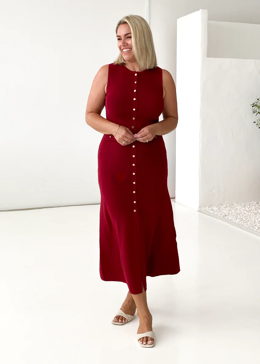 Tully Knit Midi Dress - Wine - Honorern