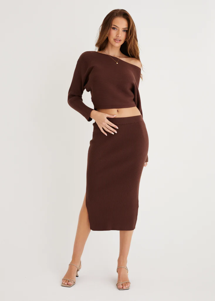 Alley Knit Midi Skirt - Chocolate - Honorern